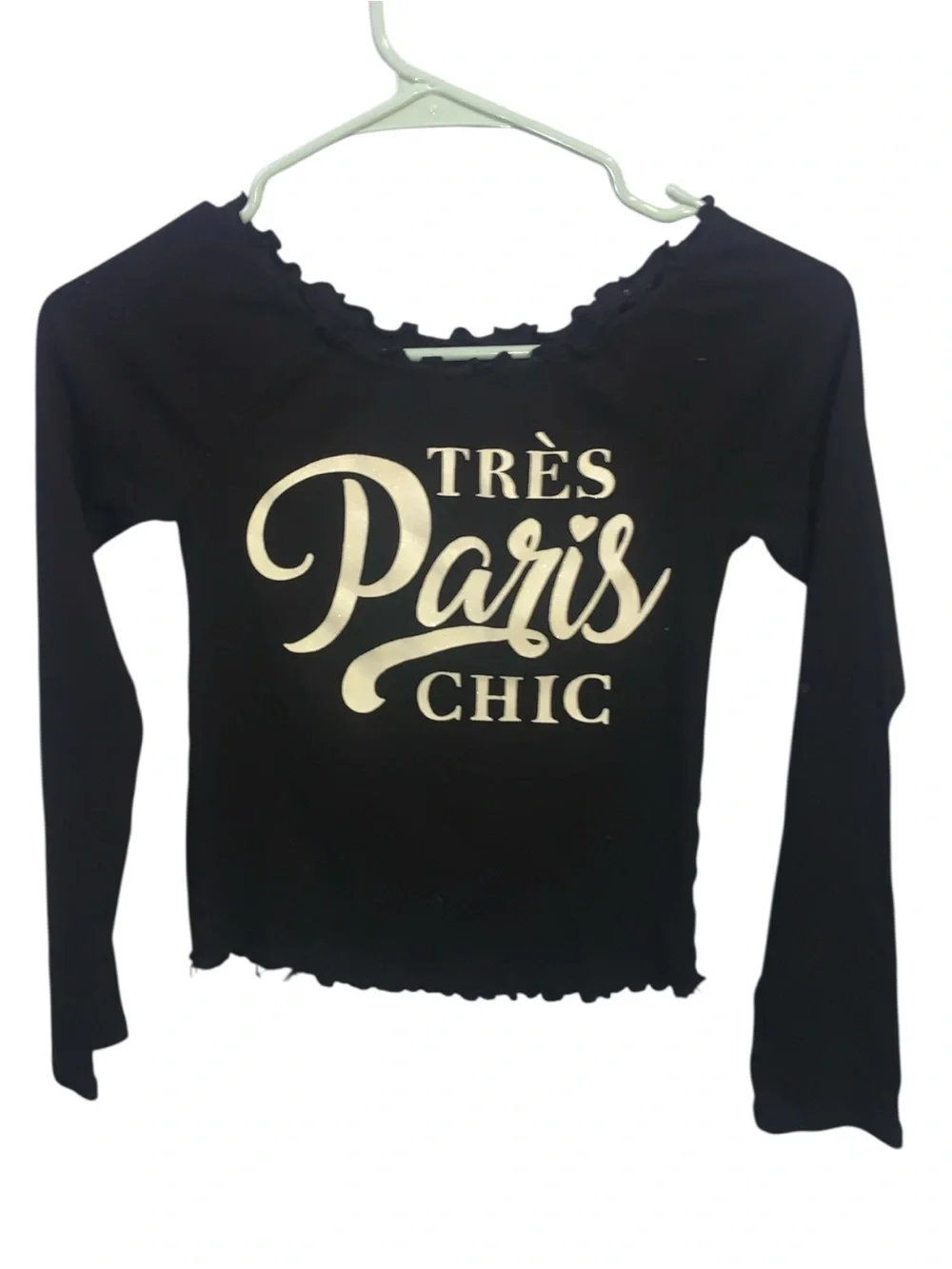 Justice Très Paris Chic Black Long Sleeve Crop Top Ribbed Boat Neck